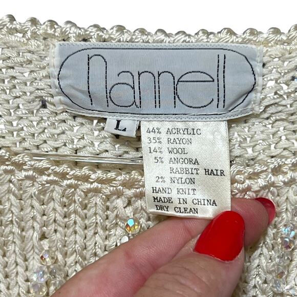 VTG 80s Glam Beaded Hand Knit Sweater Sz L Angora Wool Fringe Puff Sleeve Party - Picture 11 of 13